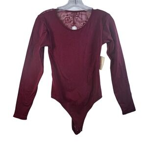 Forever 21 Burgundy Lace Back Long Sleeve Thong Bodysuit Size Medium/Large